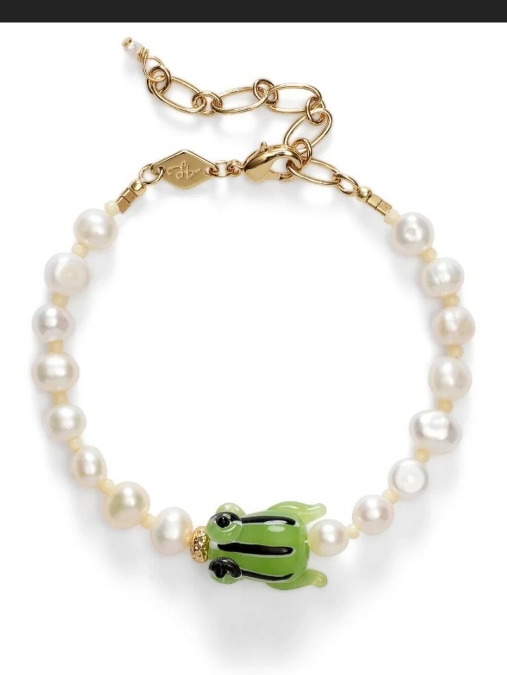 Anni Lu Hip Hop Good Luck Frog Pearly Bracelet 18k Yellow Goldtone 8" New